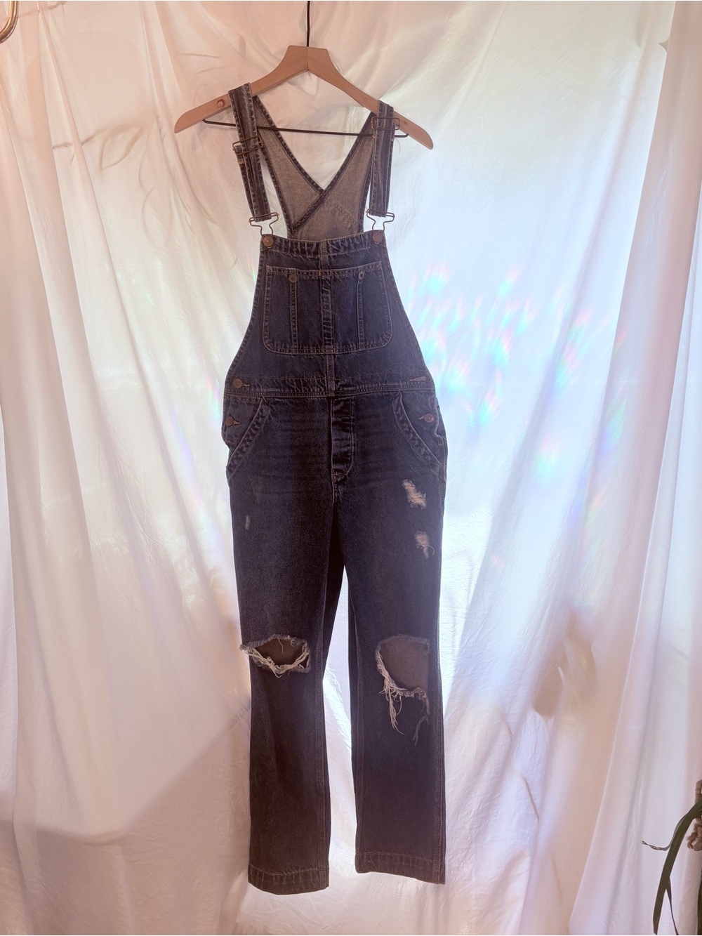 Free People Medium Wash Distressed Women's Denim Overalls Size 26